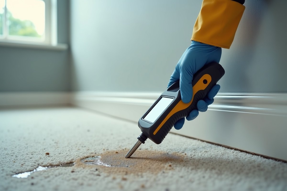 Gloved hand pushing a moisture probe into a damp carpet near the wall
