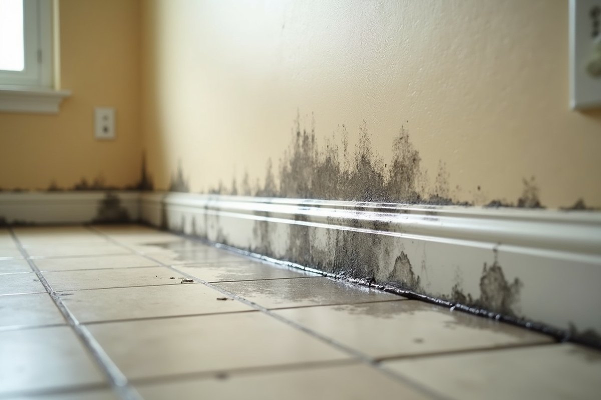 Dark mold growth climbing a wall above the baseboard next to a tile floor