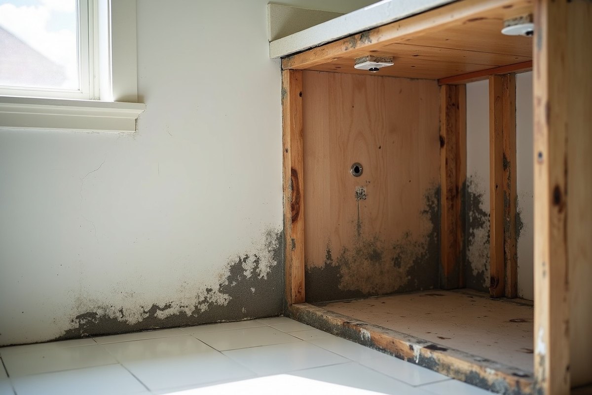 Wall opened behind a removed cabinet showing dark mold on the drywall edges and the studs