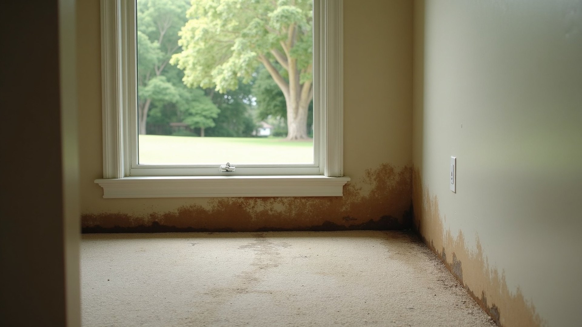 Brown mold and water staining along the wall and floor under a window