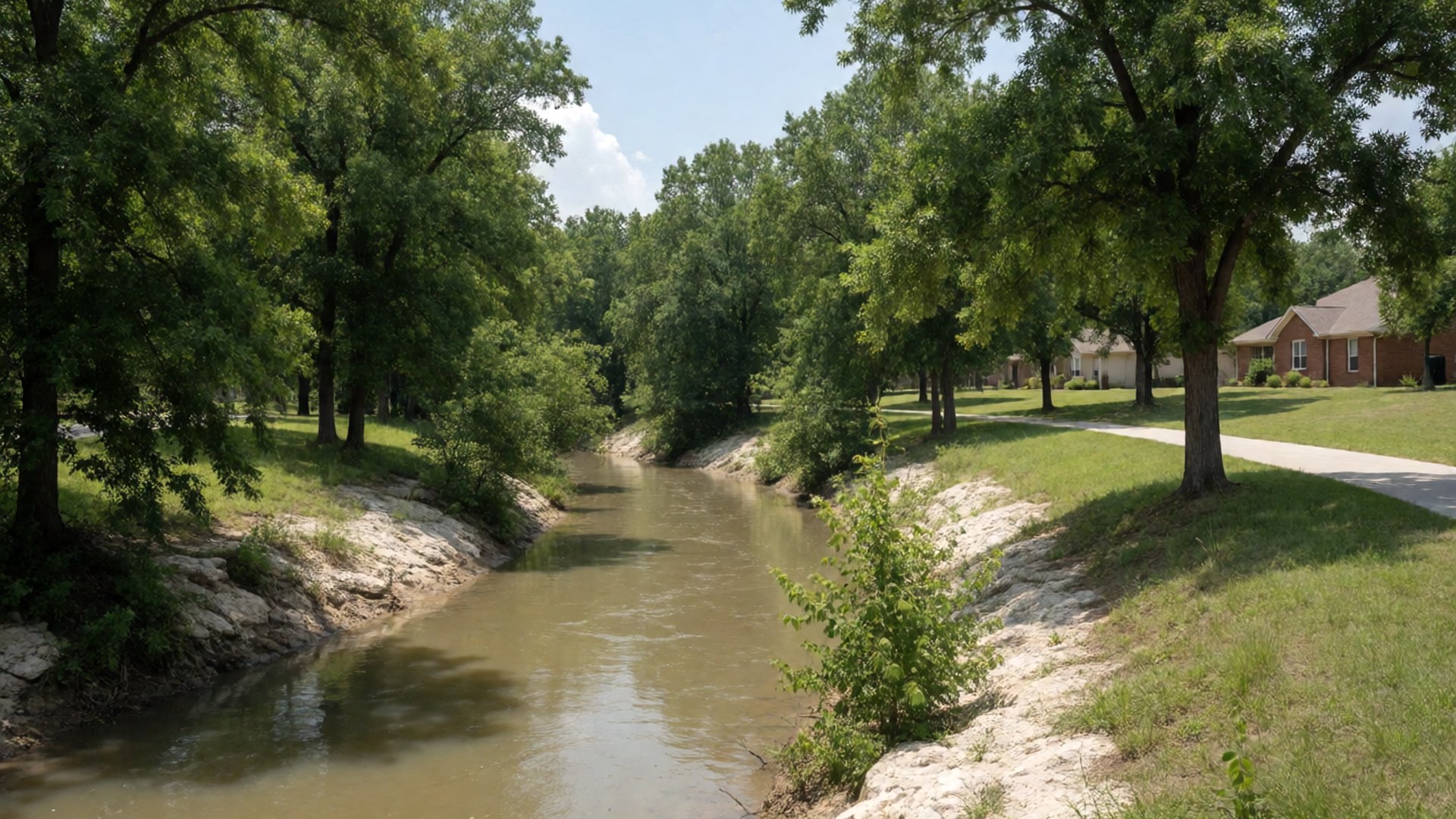 Creek running full through a wooded neighborhood greenbelt with limestone banks after rain