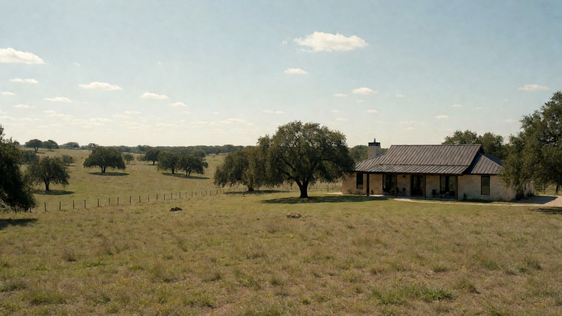 Ranch home on open grassland dotted with trees