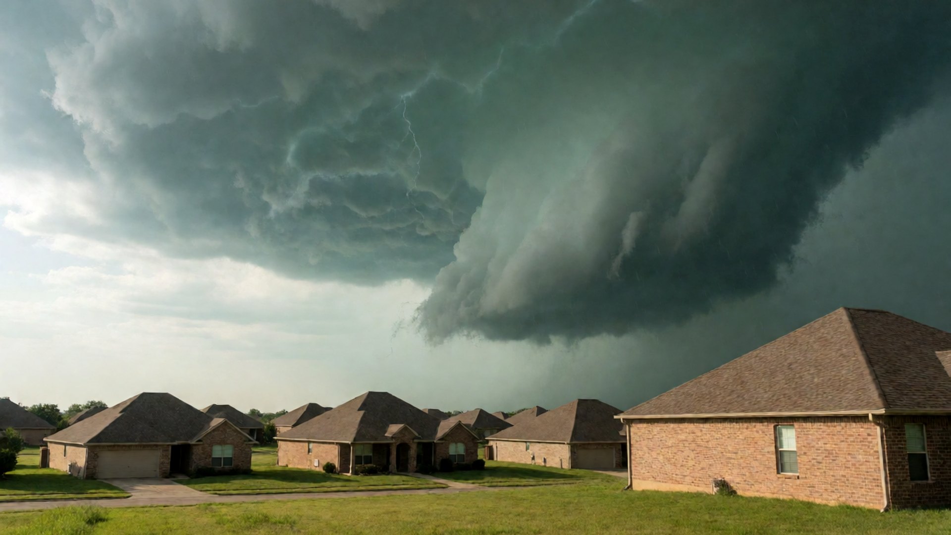 Dark supercell storm cloud building over a row of brick homes in a North Texas suburb