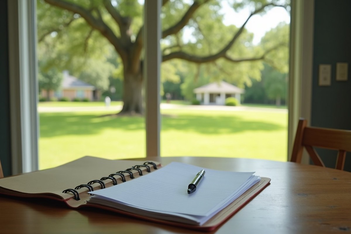 Spiral notebook and pen on a table in front of a window looking out on a green yard
