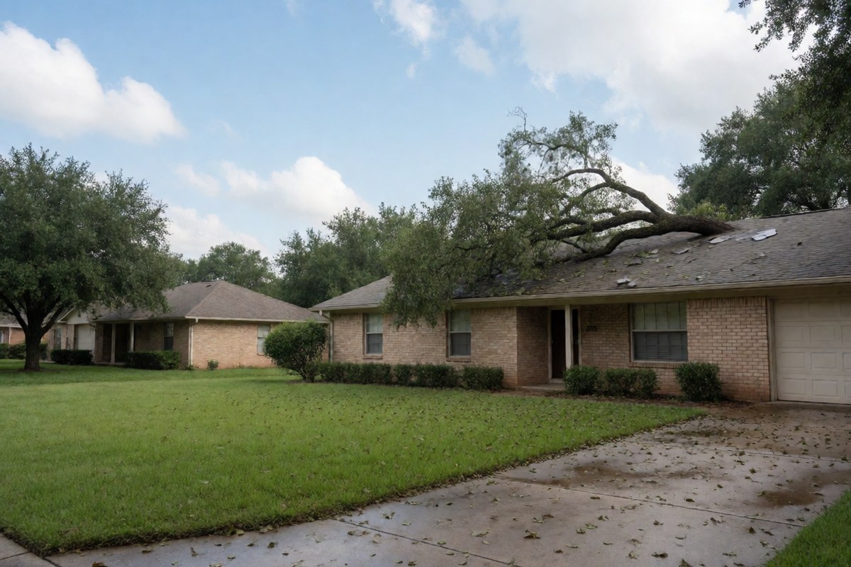 Large oak limb lying across the roof of a brick ranch home after a storm