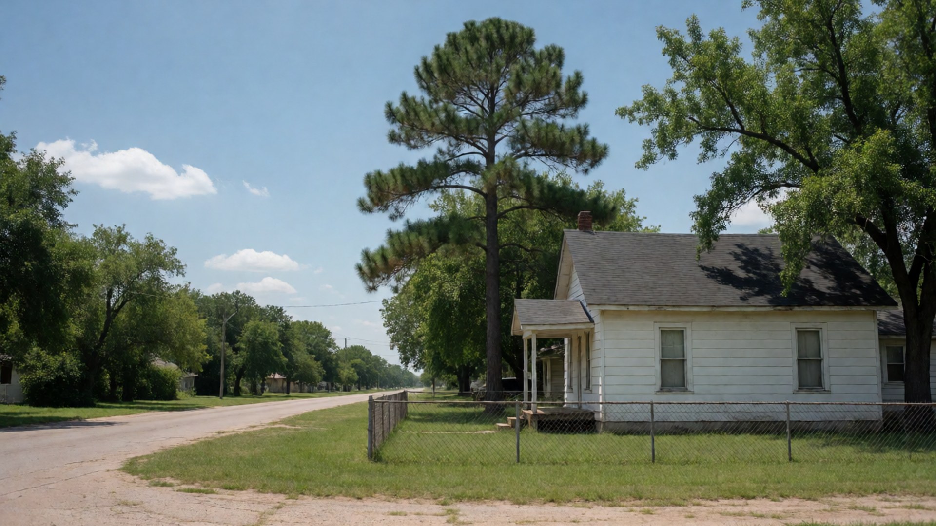Older white wood-frame house on a quiet lot with tall trees