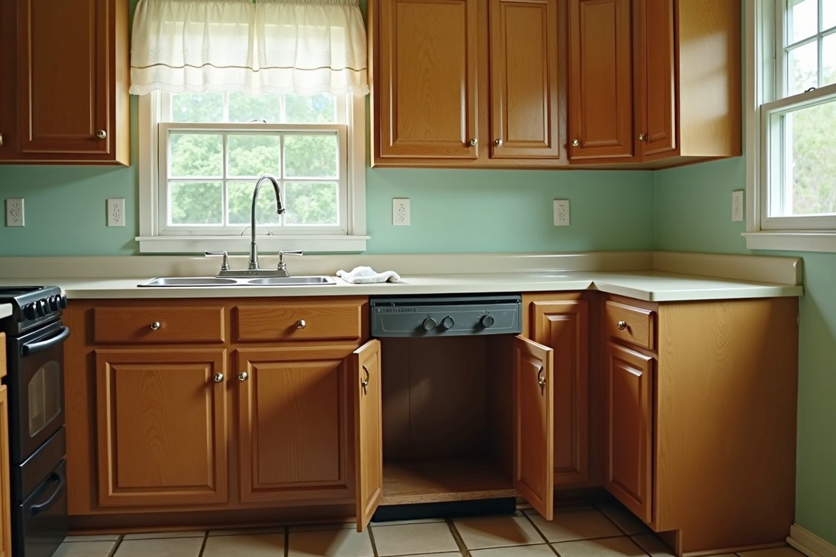 Older wood-cabinet kitchen with the cabinet under the sink standing open