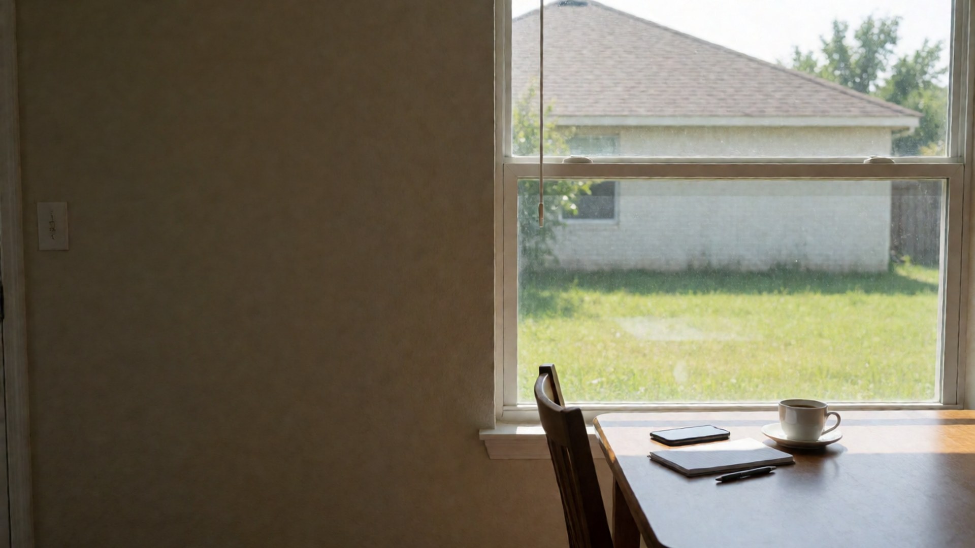 Phone, notebook and coffee mug on a desk beside a window