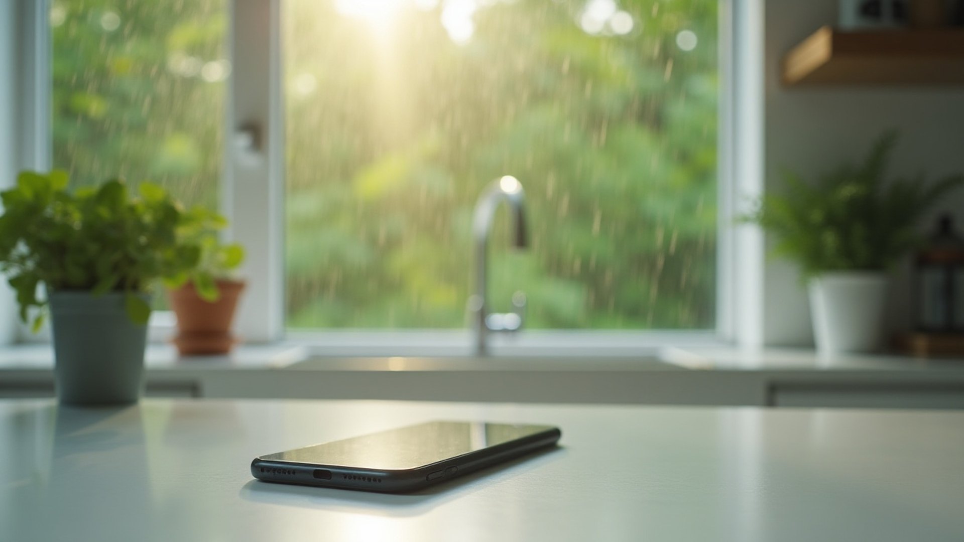 Phone lying on a kitchen counter in front of a window streaked with rain
