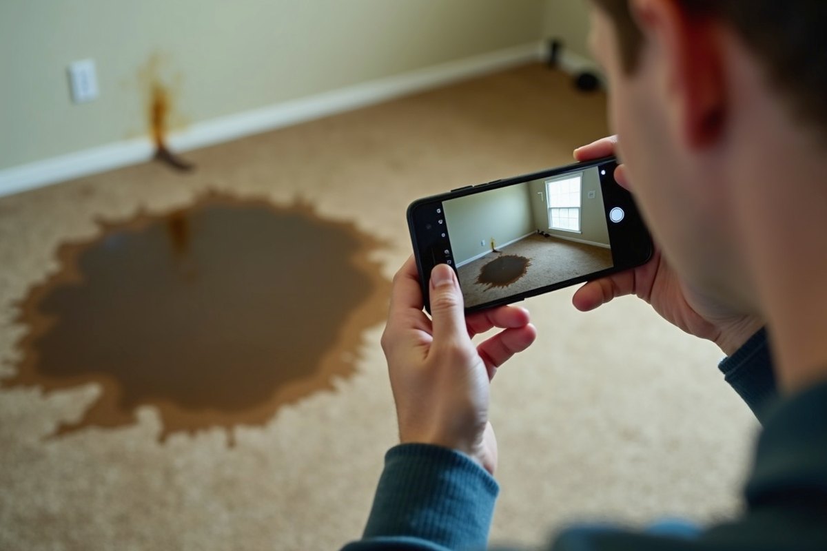 Hand holding a phone to photograph a dark water stain on a beige carpet