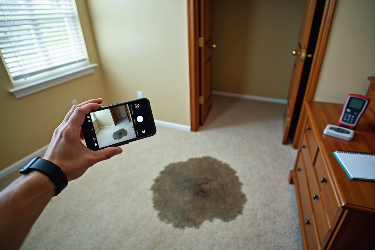 Hand holding a phone over a wet carpet stain in a bedroom to take a photo for the insurer