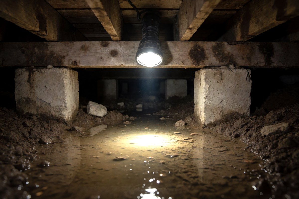 Flashlight beam lighting standing water and wet soil in the crawlspace under a pier-and-beam house