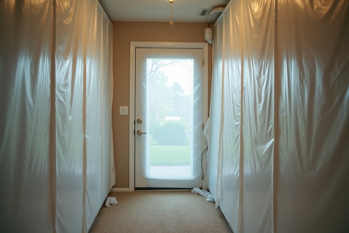 Hallway lined with plastic containment walls leading toward an outside door