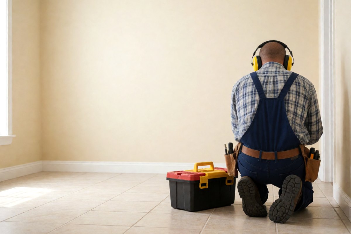 Plumber in ear protection kneeling on a tile floor with a toolbox, checking for a hidden leak