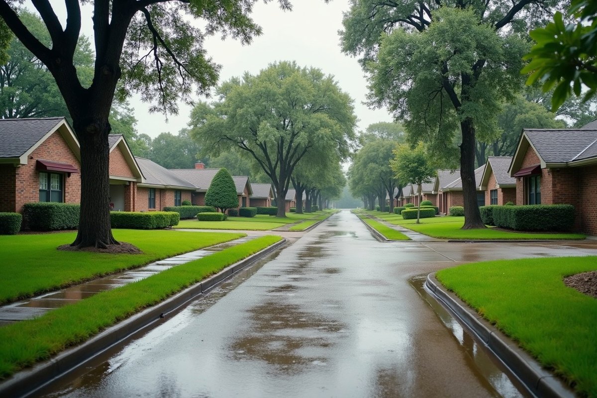 Rainwater standing along the curb of a street of older brick homes under oak trees