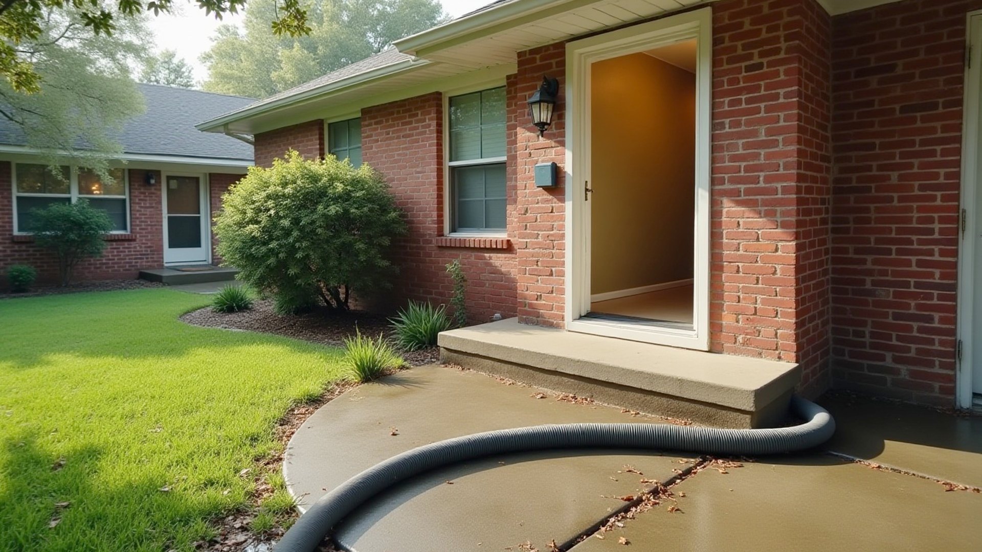 Black discharge hose running out the front door of a one-story brick home across the walk