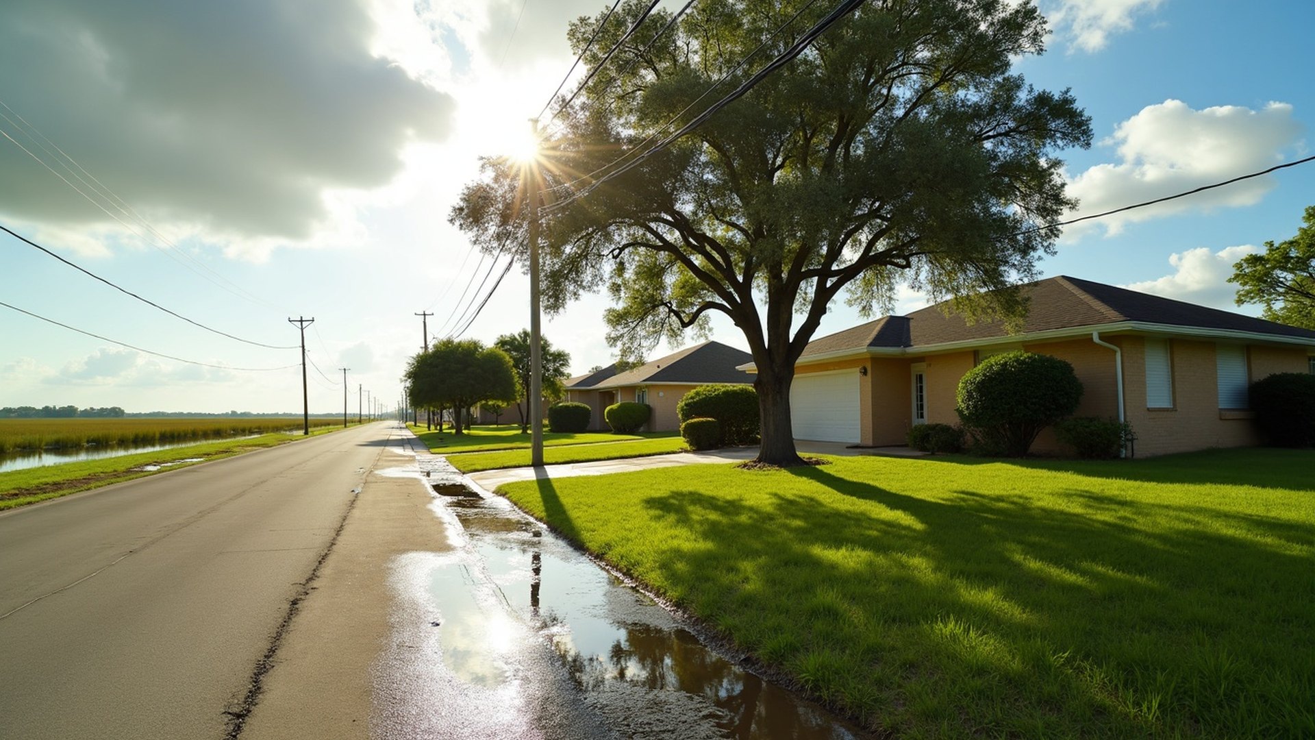 One-story home on a wide lot beside a wet road and a line of power poles
