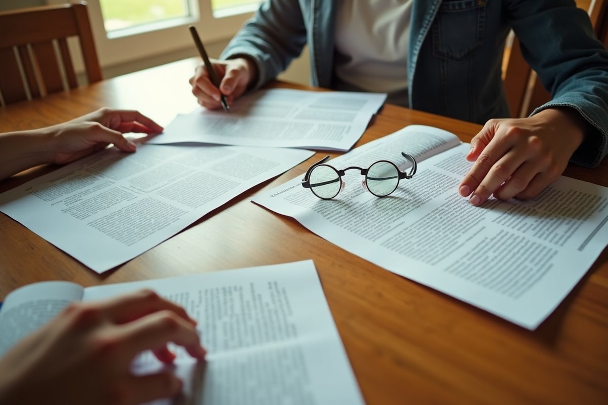 Two people reading printed pages at a wooden table beside a pen and a pair of glasses