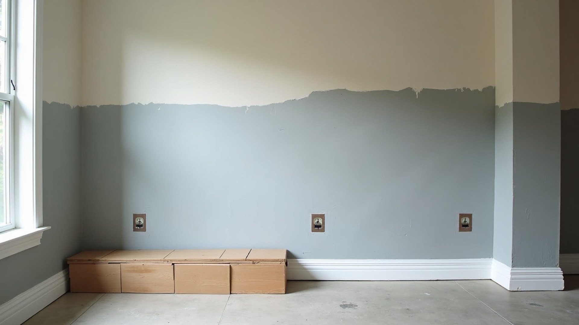 Freshly painted wall over a bare concrete floor with moving boxes waiting along the wall