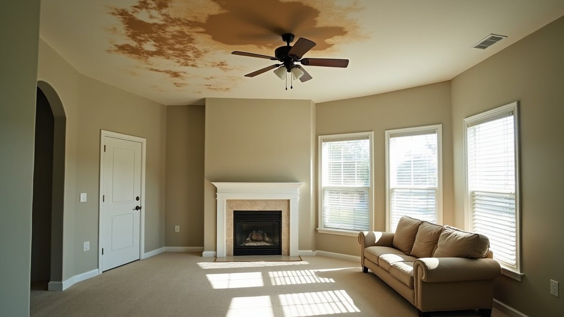 Large brown water stain spreading across a living room ceiling around the ceiling fan