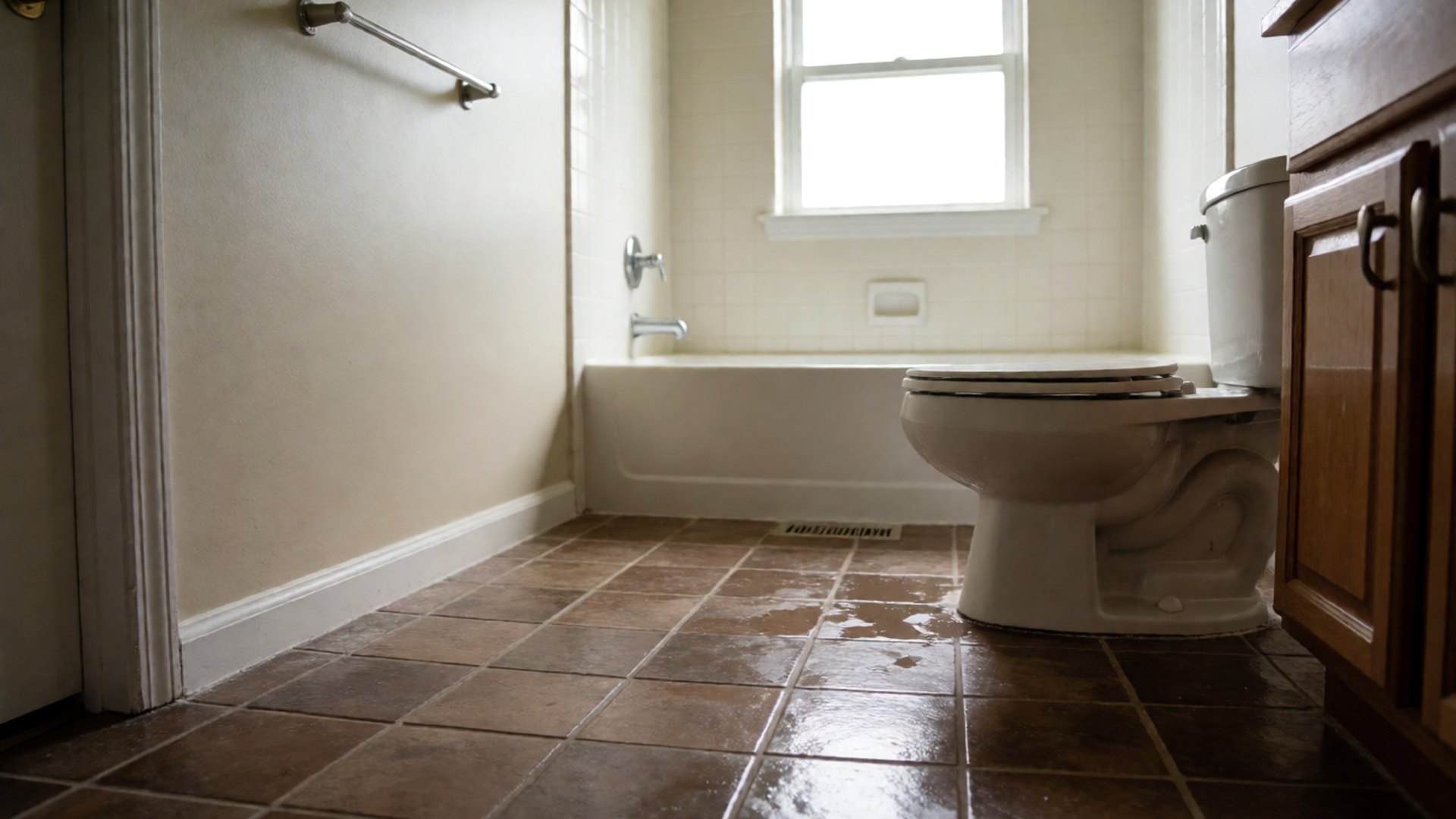 Water spread across the tile floor around the toilet and tub of a bathroom