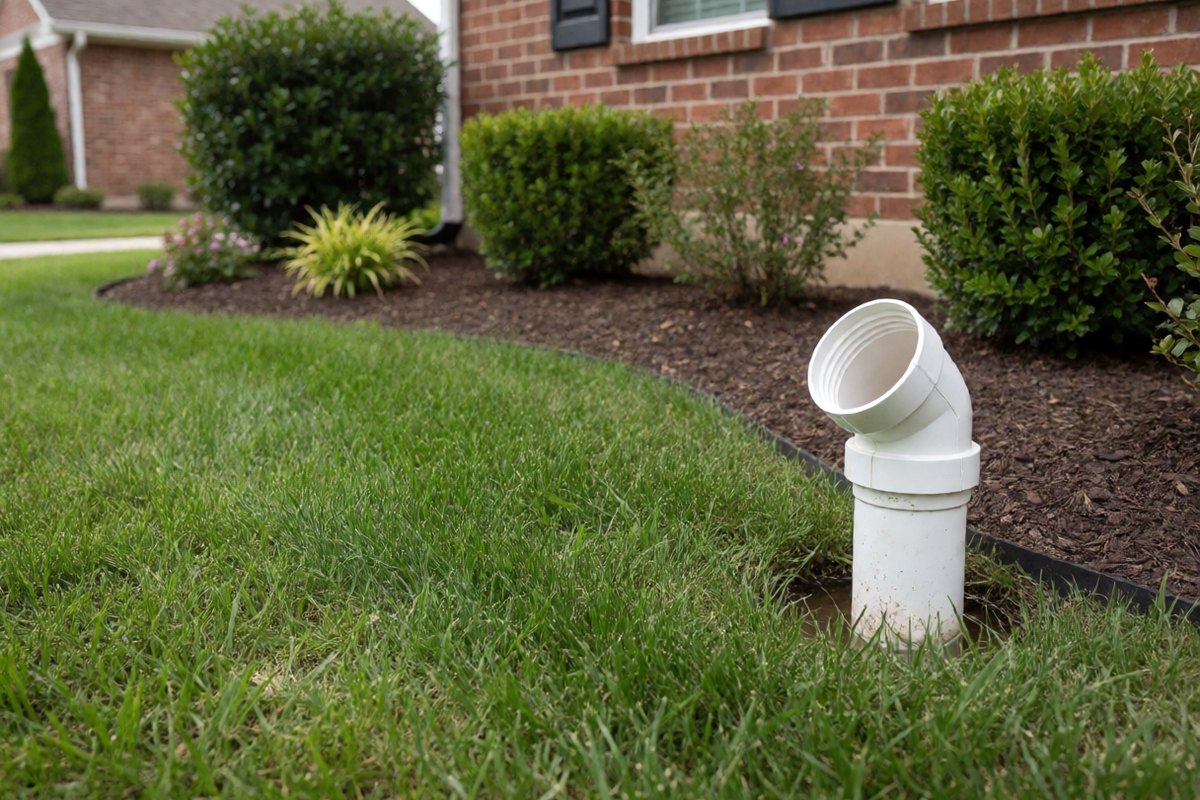 White sewer cleanout pipe with its cap off in the yard beside a brick home