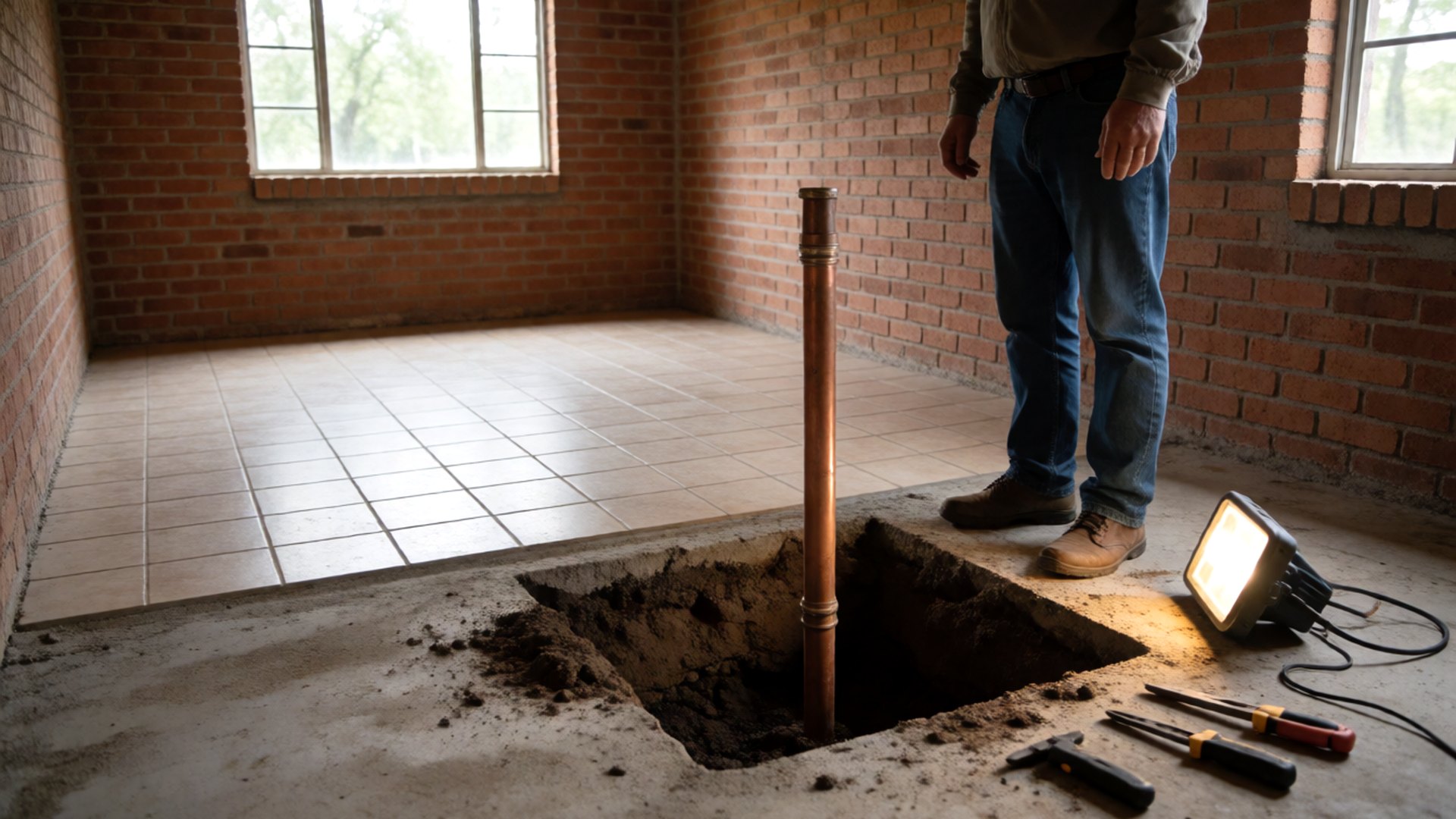 Square opening cut through a tile floor and concrete slab to reach a leaking water line