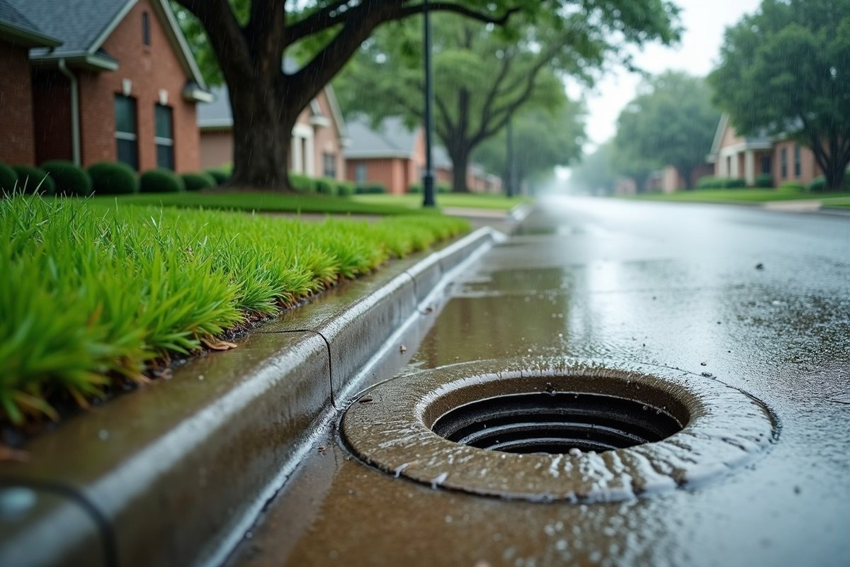 Rainwater swirling into a curbside storm drain on a residential street