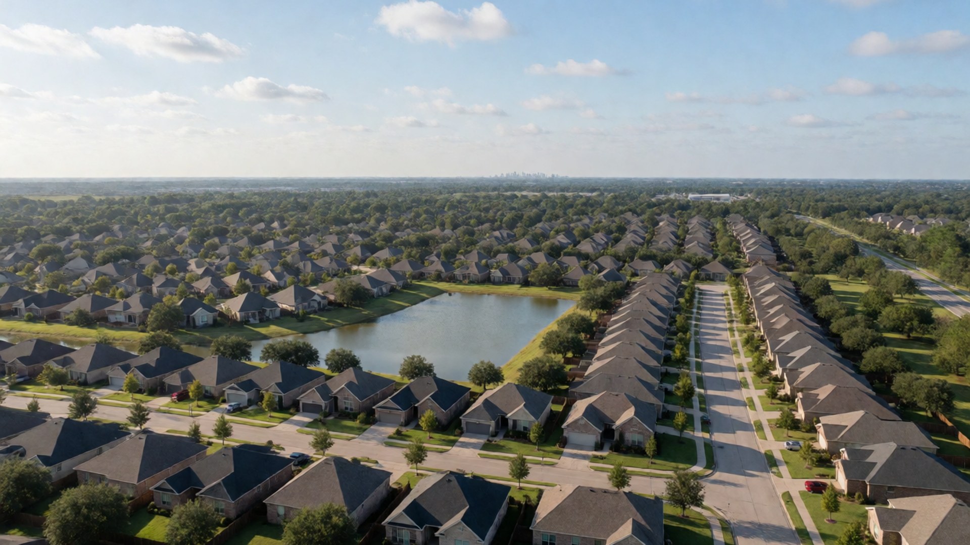 Suburban rooftops around a neighborhood pond seen from above