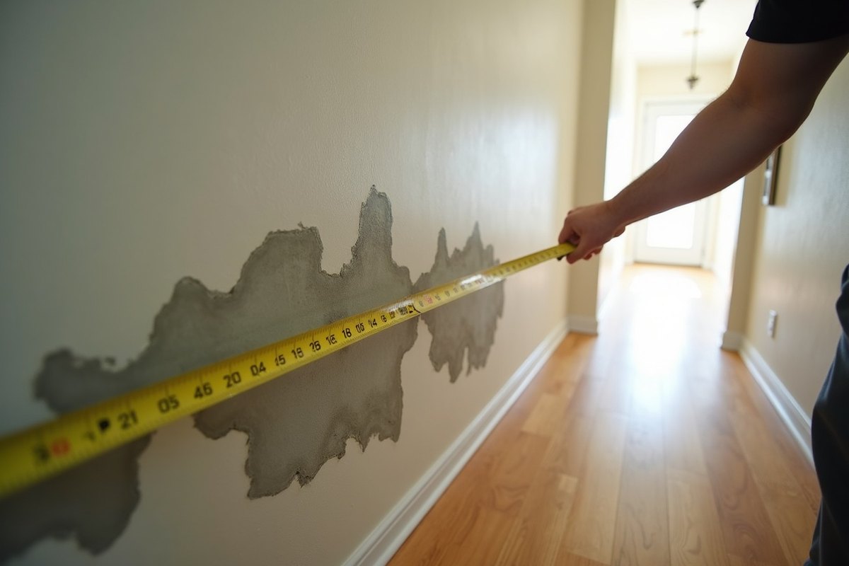 Hand stretching a tape measure across a large mold patch on a hallway wall