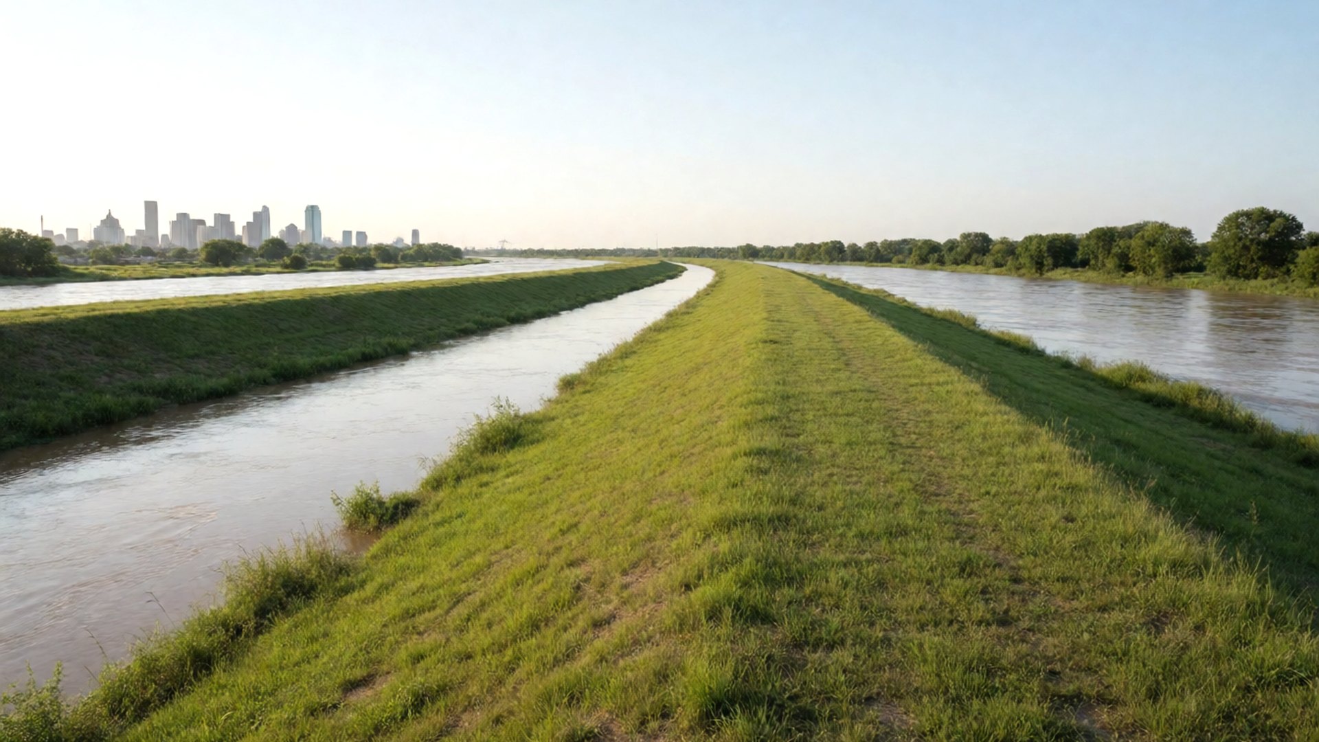 A grass-covered levee beside a high, muddy river after heavy rain, with a city skyline in the distance