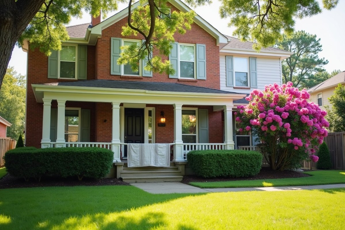 Two-story brick home with white porch columns and a blooming crepe myrtle on a sunny day