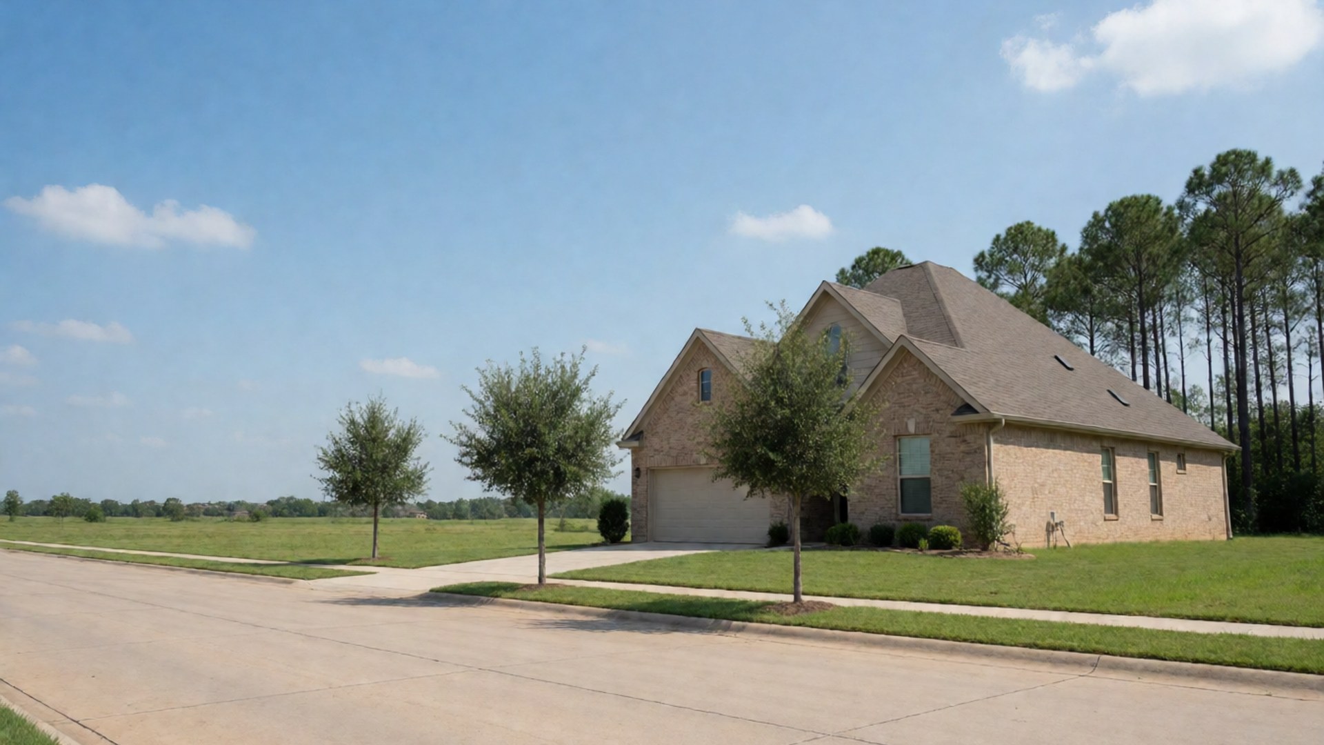 Two-story brick home on a wide new street with a young tree in the yard