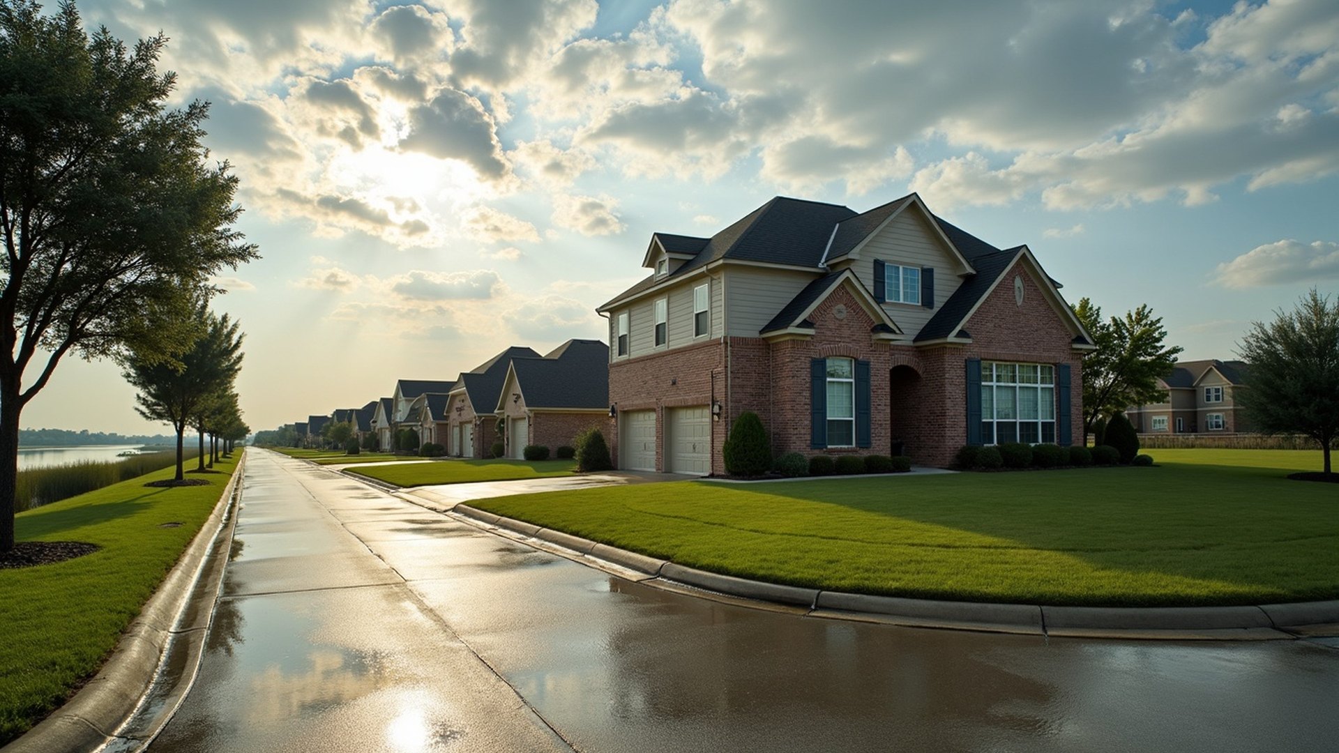 Two-story brick home on a corner beside a wet street after rain