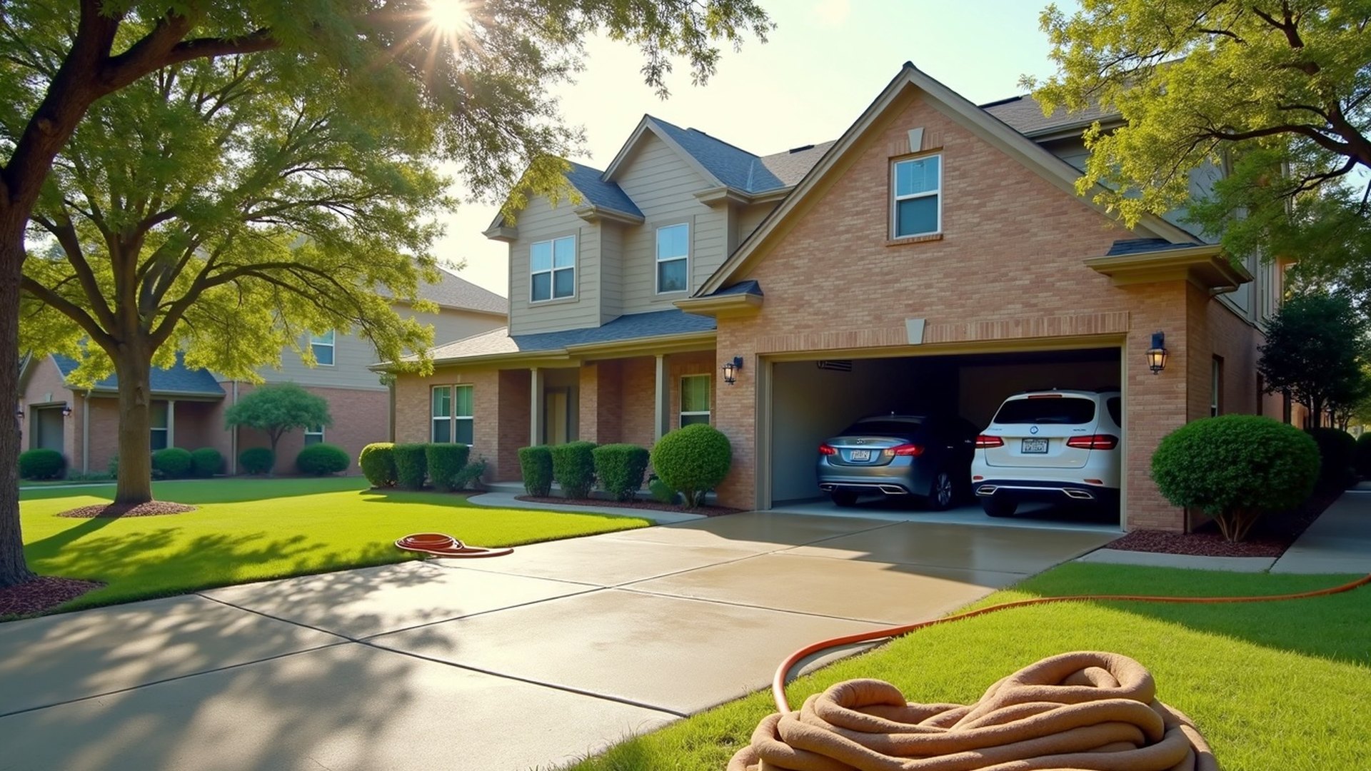 Two-story brick home with an open garage and a coiled garden hose on the driveway