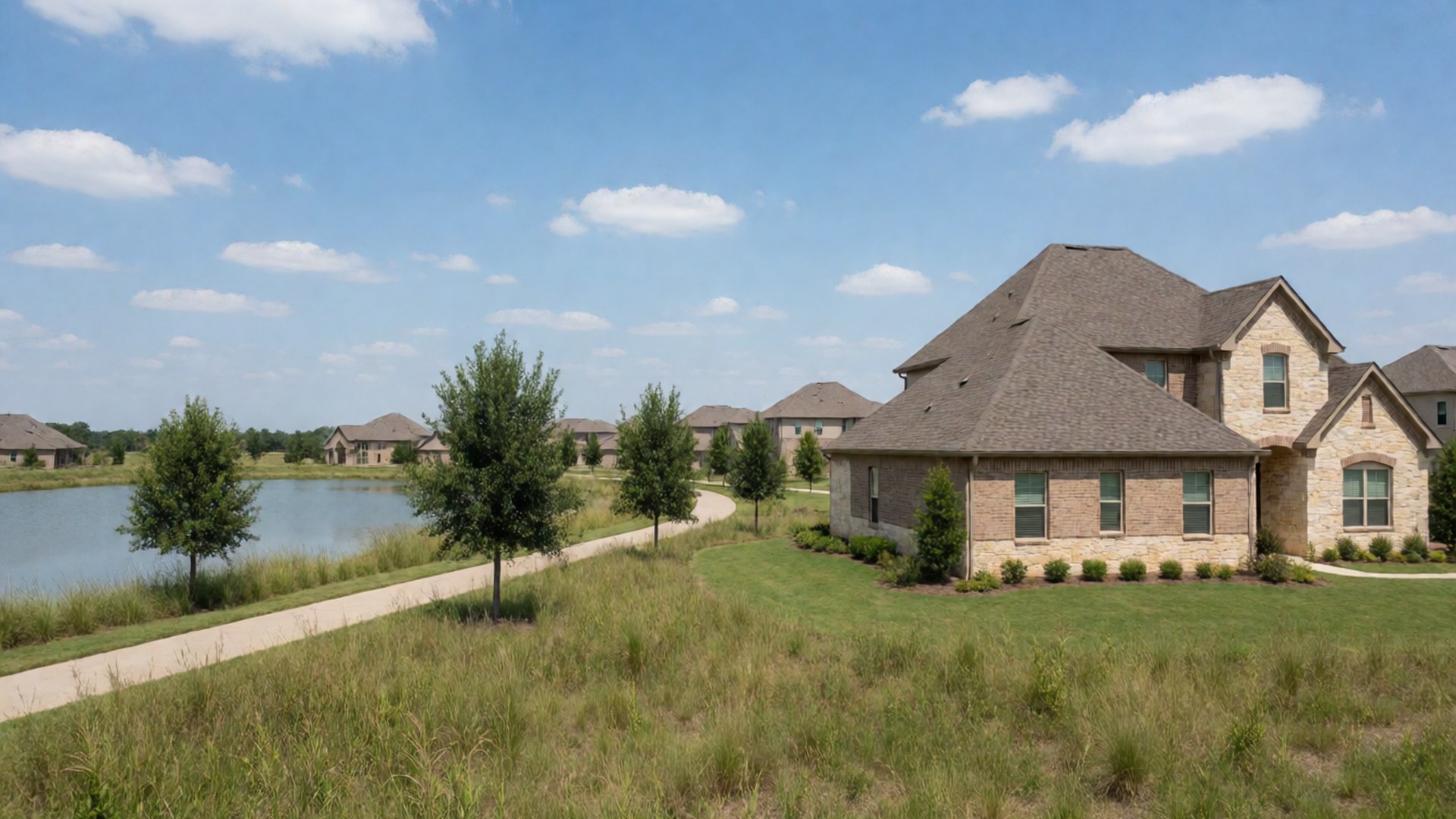 Two-story stone and brick home on a grassy slope near a neighborhood pond