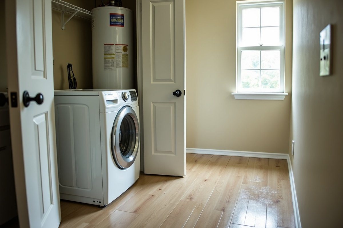 Laundry room with a front-loading washer beside a closet holding a tank water heater