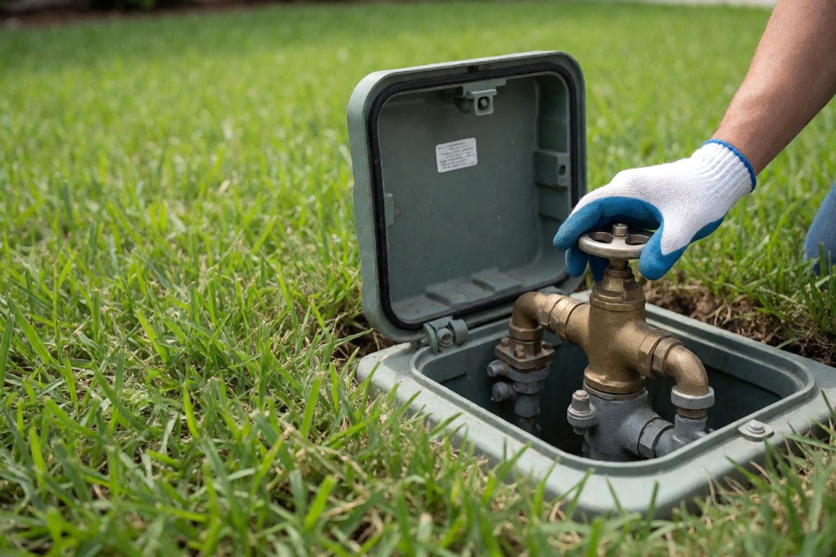 Hand turning the main water shutoff valve inside a ground-level meter box