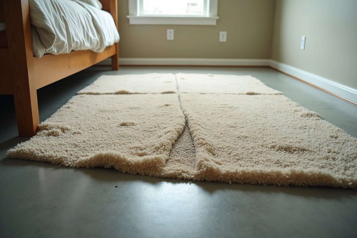 Wet bedroom carpet cut and pulled back to show the bare concrete slab beneath