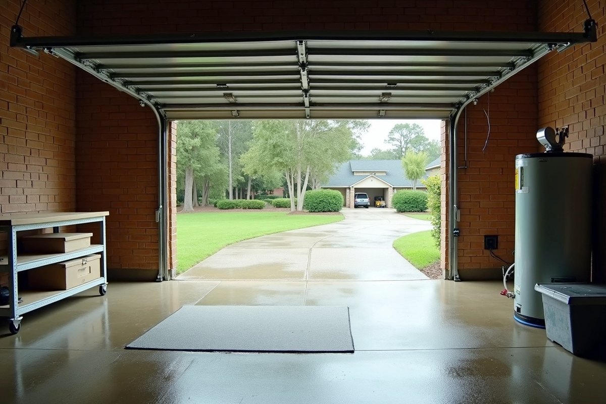 Garage with water on the concrete floor and a water heater in the corner
