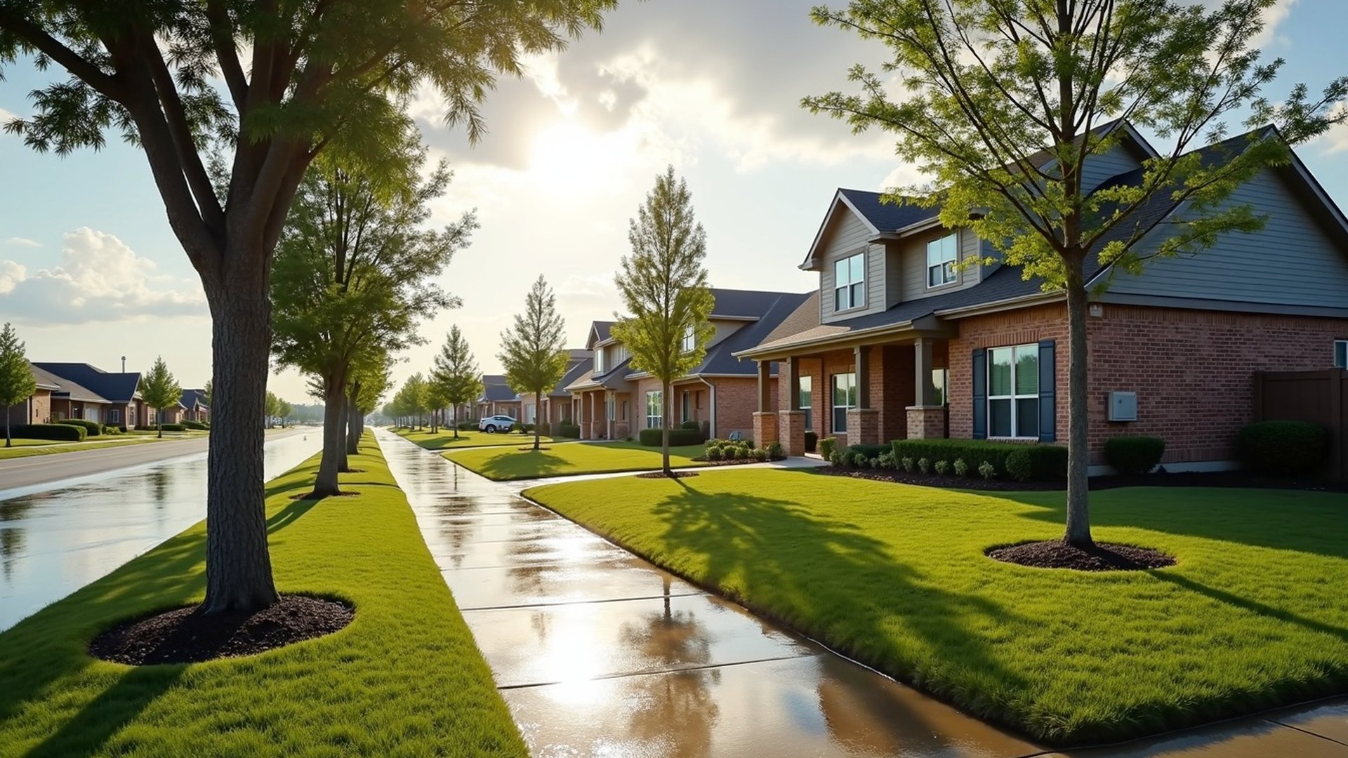 Wet sidewalk along a row of two-story brick homes and young trees after rain