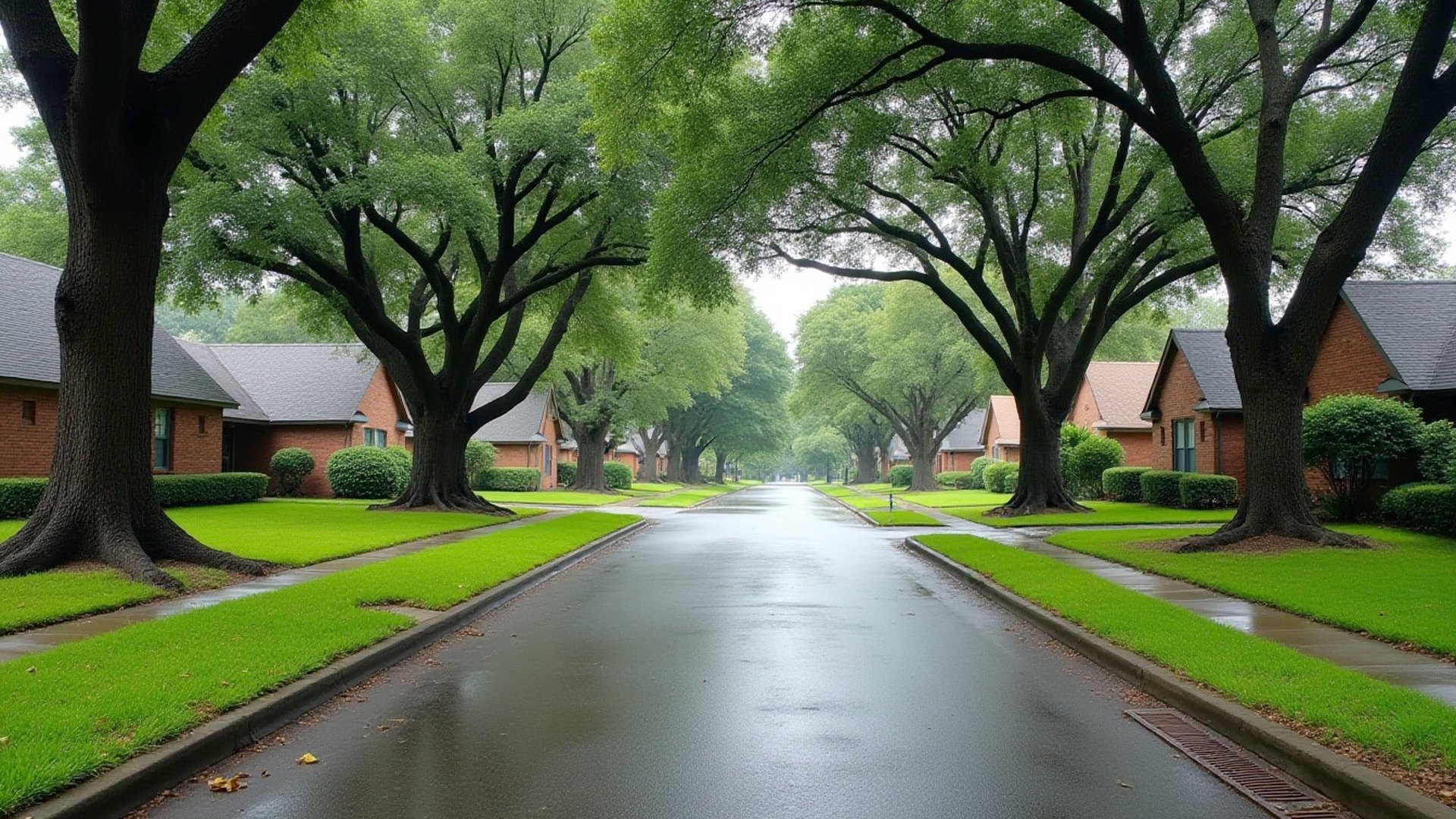 Rain-wet residential street lined with large oak trees and one-story brick homes