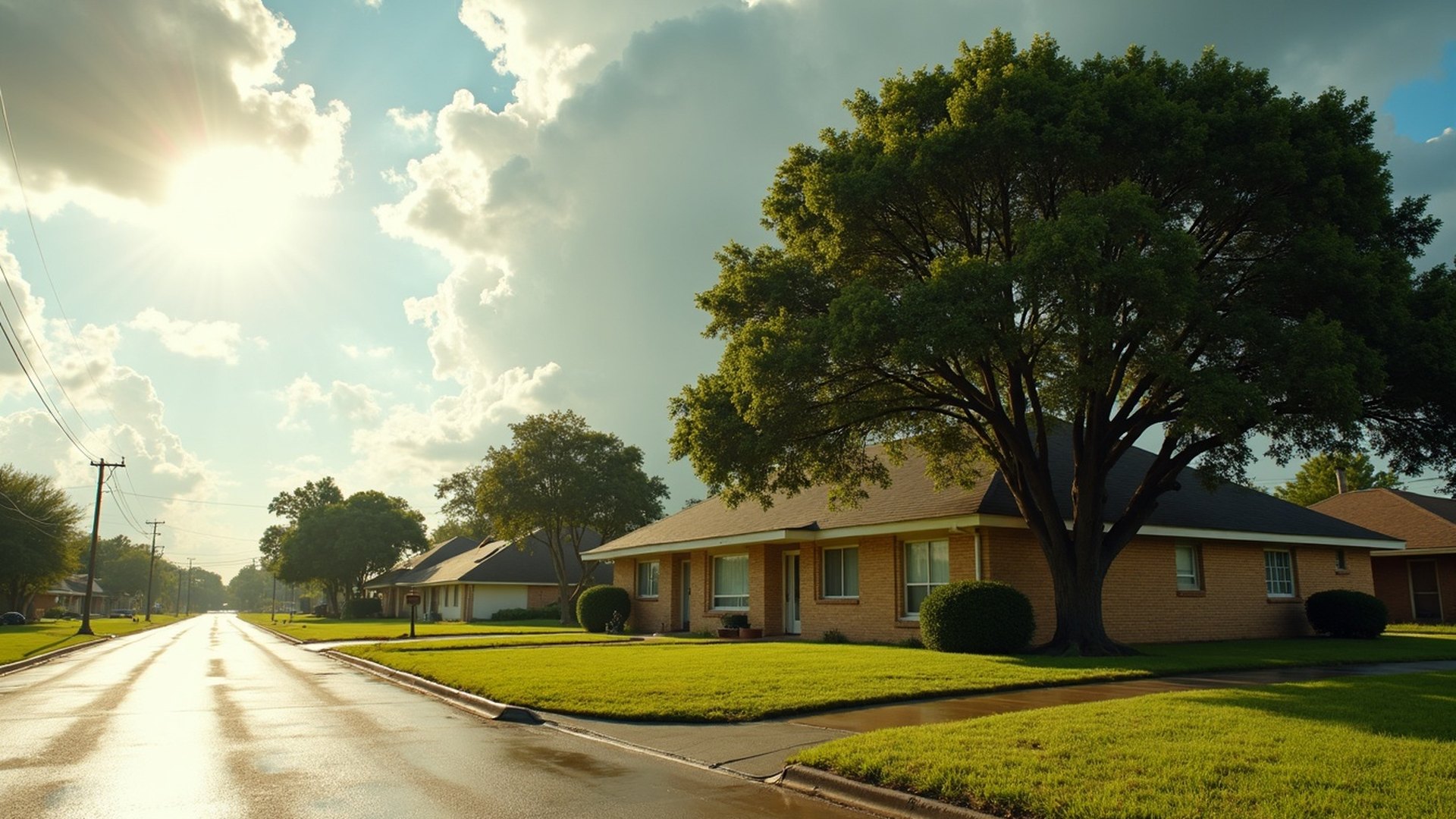 Wet street running past one-story homes and a broad oak tree after a storm