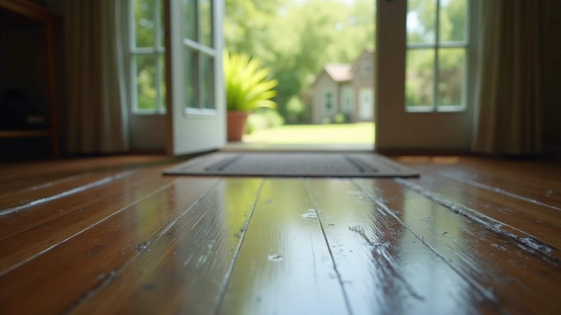 Wet, cupped wood floor shining in the light from an open patio door