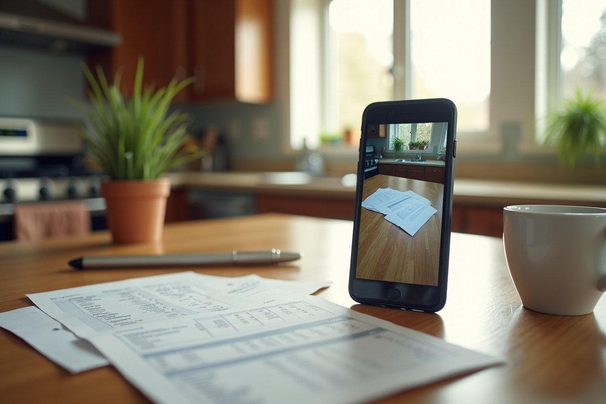Printed estimate pages and a phone showing a photo of water damage on a kitchen table beside a coffee mug